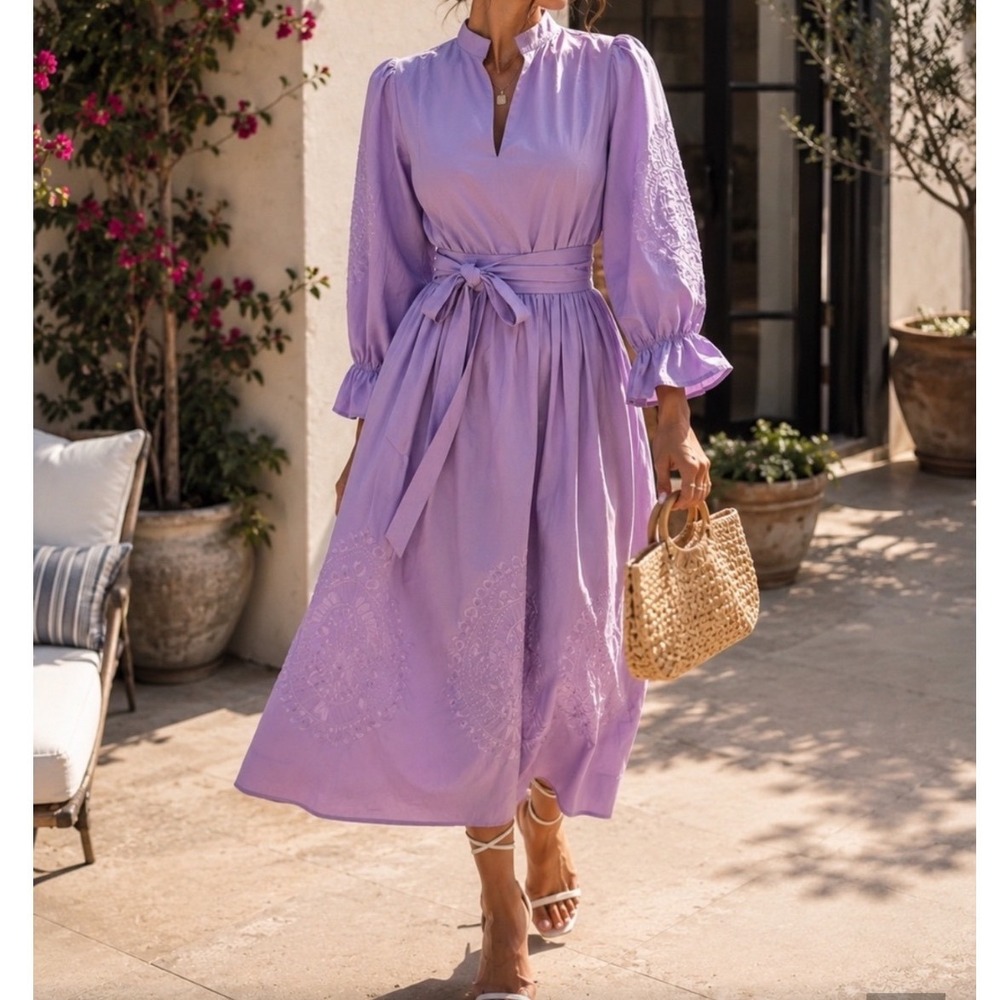 Tuckernuck Hyacinth House Embroidered Dowling Midi Dress M Lavender Tie Waist